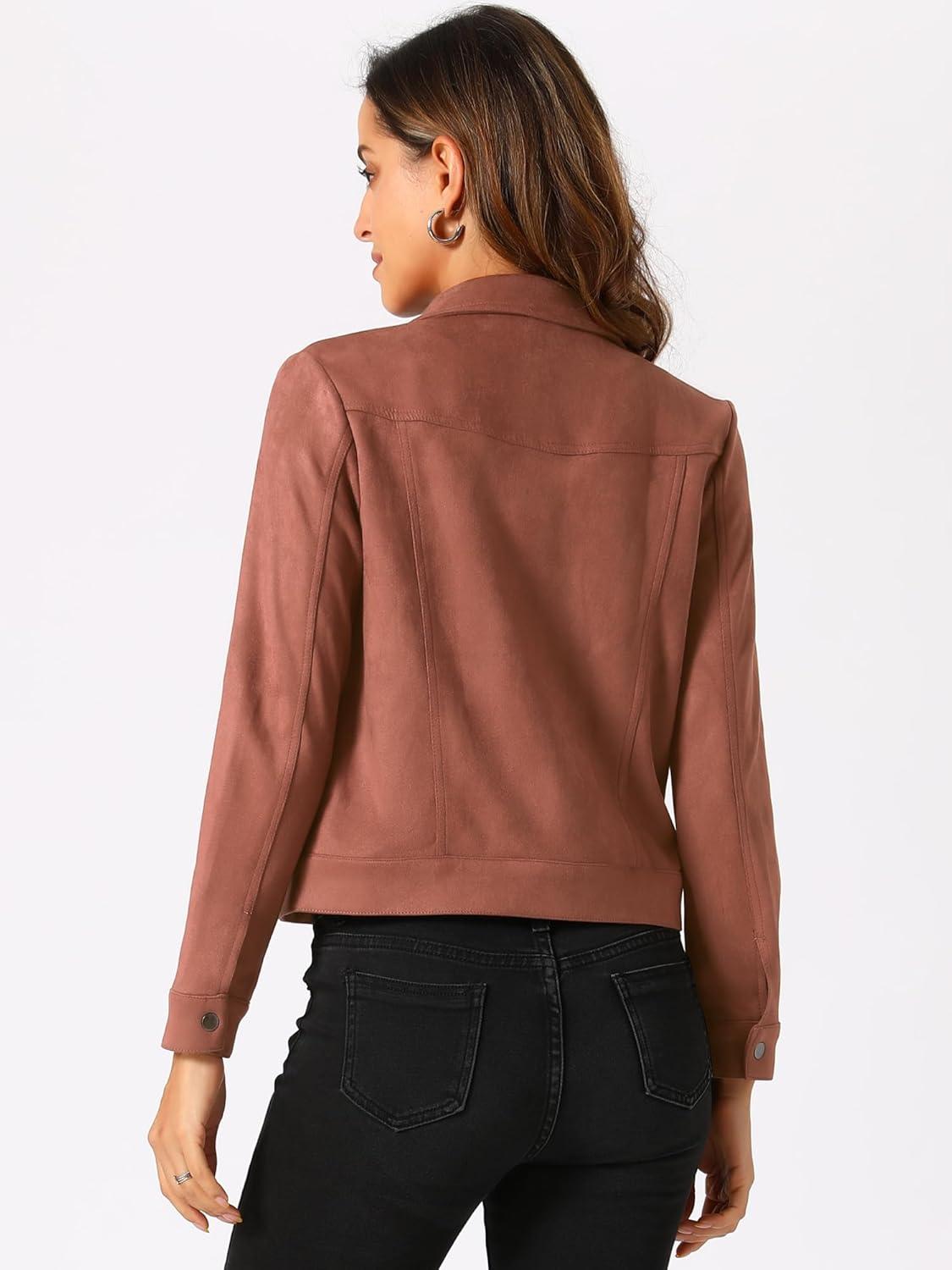 imageAllegra K Womens TurnDown Collar Flap Pockets Snap Button Faux Suede JacketCaramel