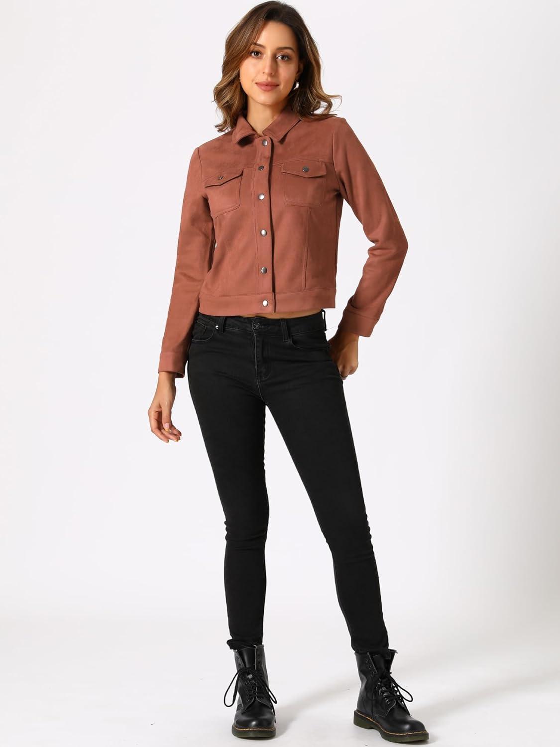imageAllegra K Womens TurnDown Collar Flap Pockets Snap Button Faux Suede JacketCaramel