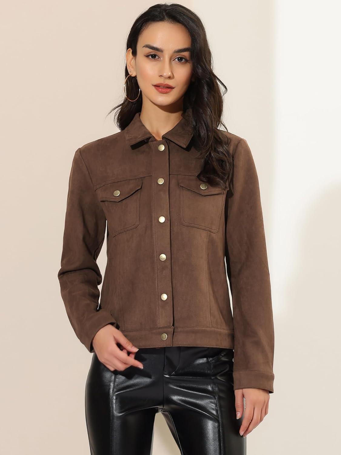 imageAllegra K Womens TurnDown Collar Flap Pockets Snap Button Faux Suede JacketCoffee