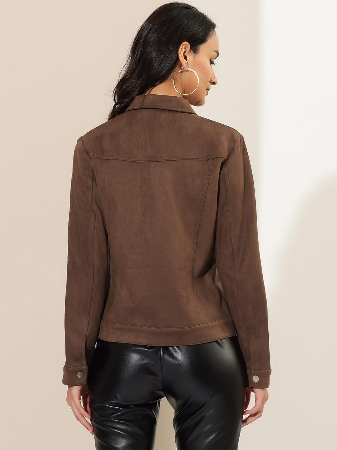 imageAllegra K Womens TurnDown Collar Flap Pockets Snap Button Faux Suede JacketCoffee
