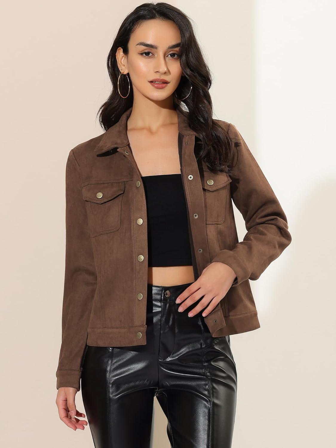 imageAllegra K Womens TurnDown Collar Flap Pockets Snap Button Faux Suede JacketCoffee