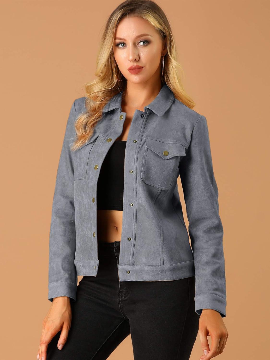 imageAllegra K Womens TurnDown Collar Flap Pockets Snap Button Faux Suede JacketGray