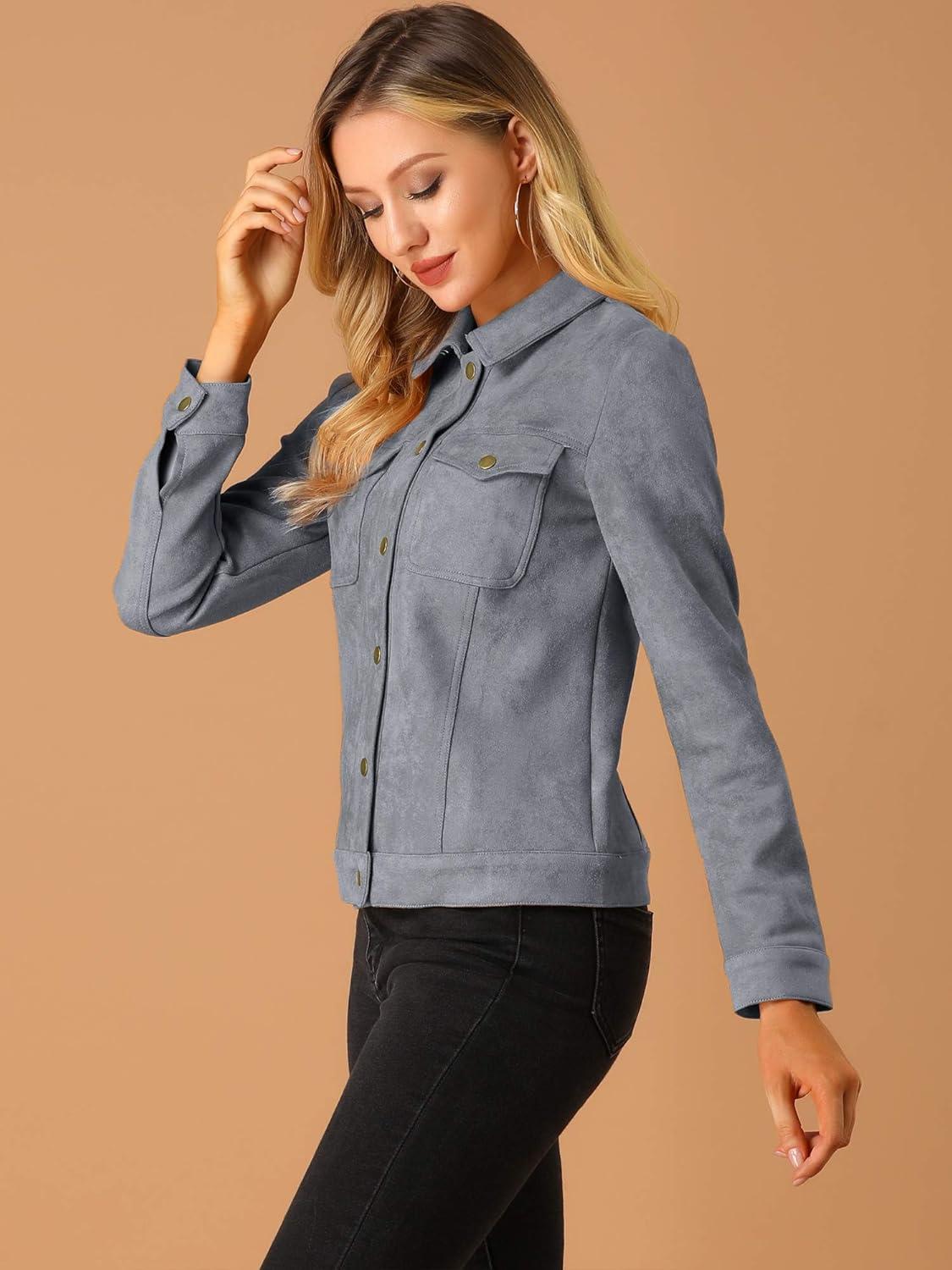 imageAllegra K Womens TurnDown Collar Flap Pockets Snap Button Faux Suede JacketGray