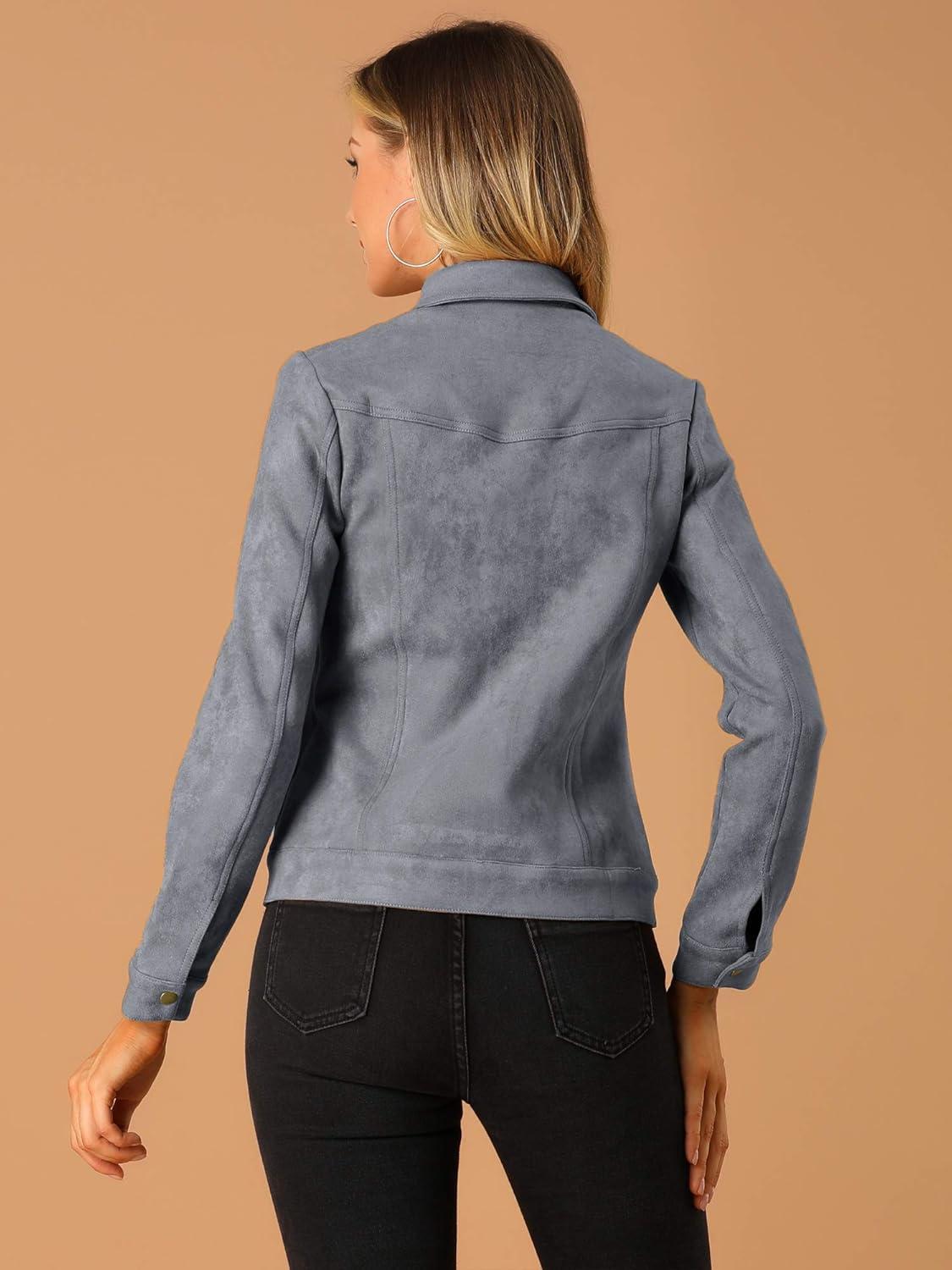 imageAllegra K Womens TurnDown Collar Flap Pockets Snap Button Faux Suede JacketGray