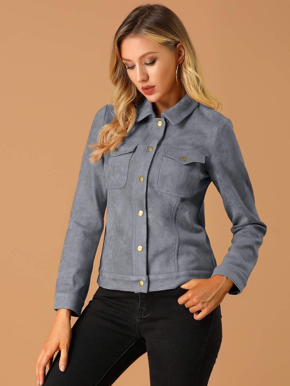 imageAllegra K Womens TurnDown Collar Flap Pockets Snap Button Faux Suede JacketGray