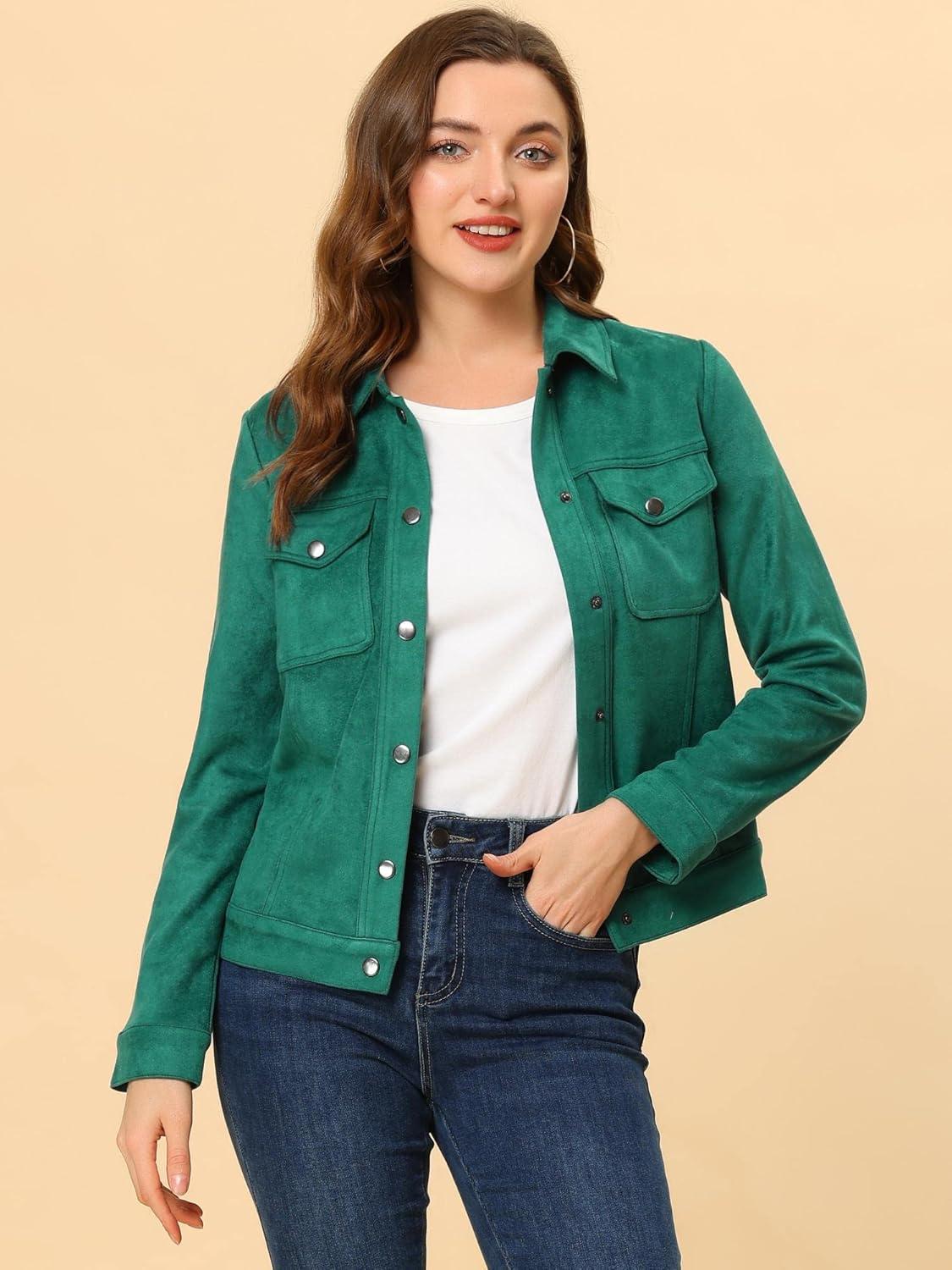 imageAllegra K Womens TurnDown Collar Flap Pockets Snap Button Faux Suede JacketGreen