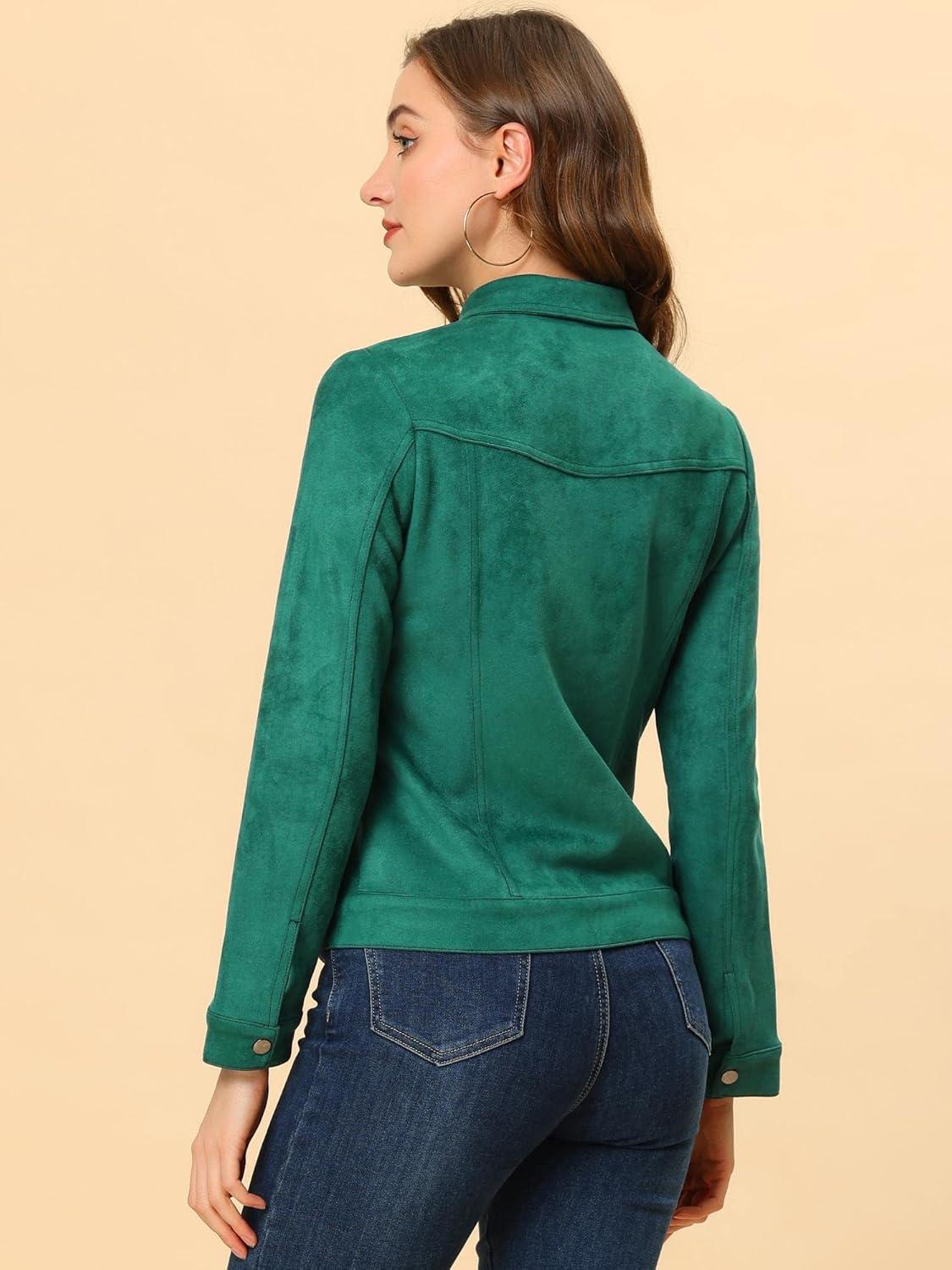 imageAllegra K Womens TurnDown Collar Flap Pockets Snap Button Faux Suede JacketGreen