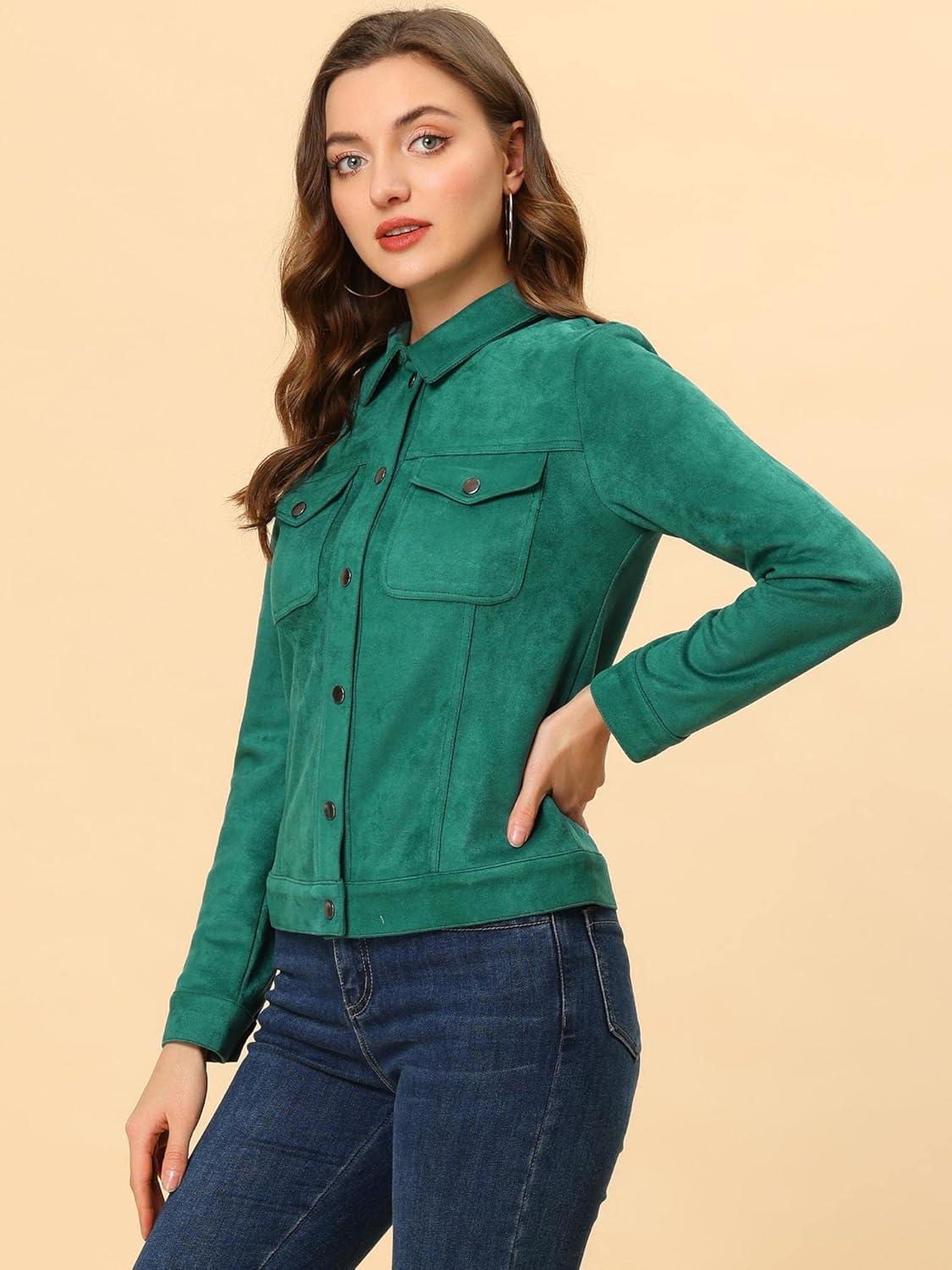 imageAllegra K Womens TurnDown Collar Flap Pockets Snap Button Faux Suede JacketGreen
