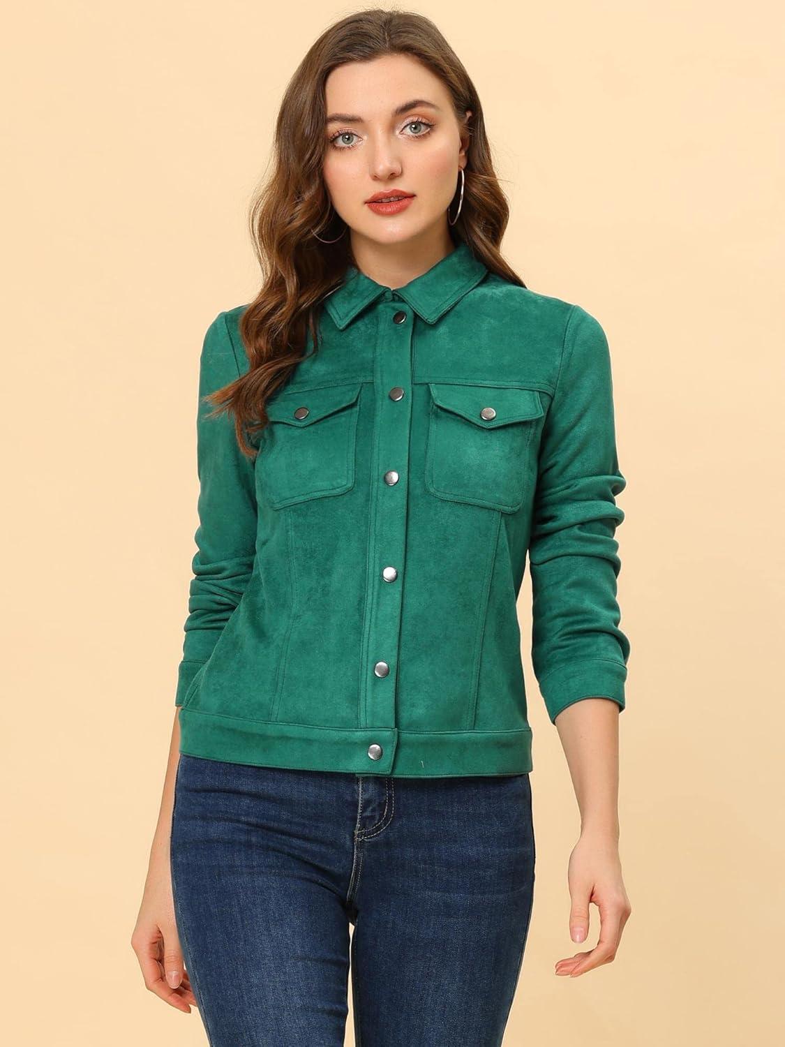 imageAllegra K Womens TurnDown Collar Flap Pockets Snap Button Faux Suede JacketGreen