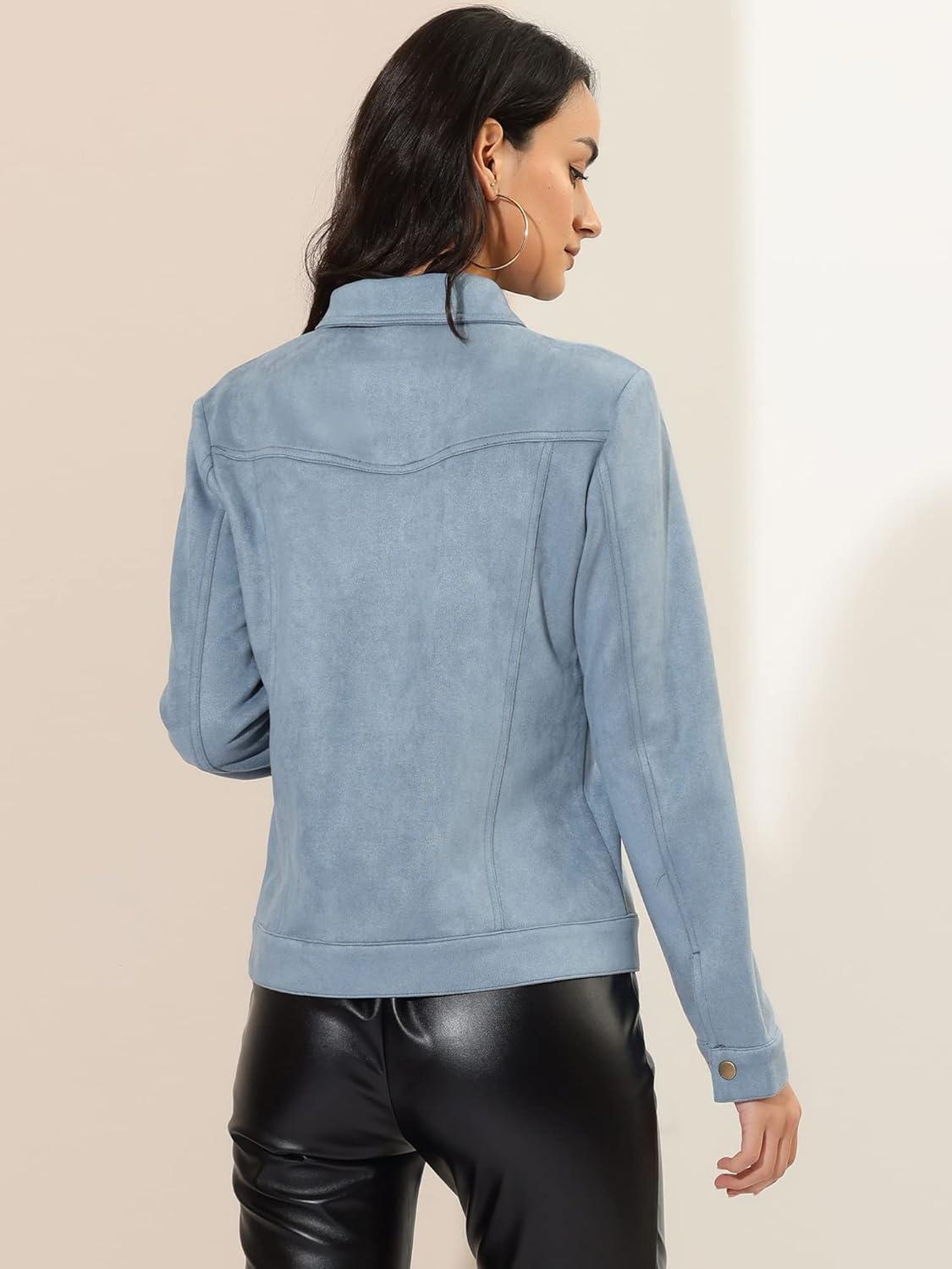 imageAllegra K Womens TurnDown Collar Flap Pockets Snap Button Faux Suede JacketLight Blue