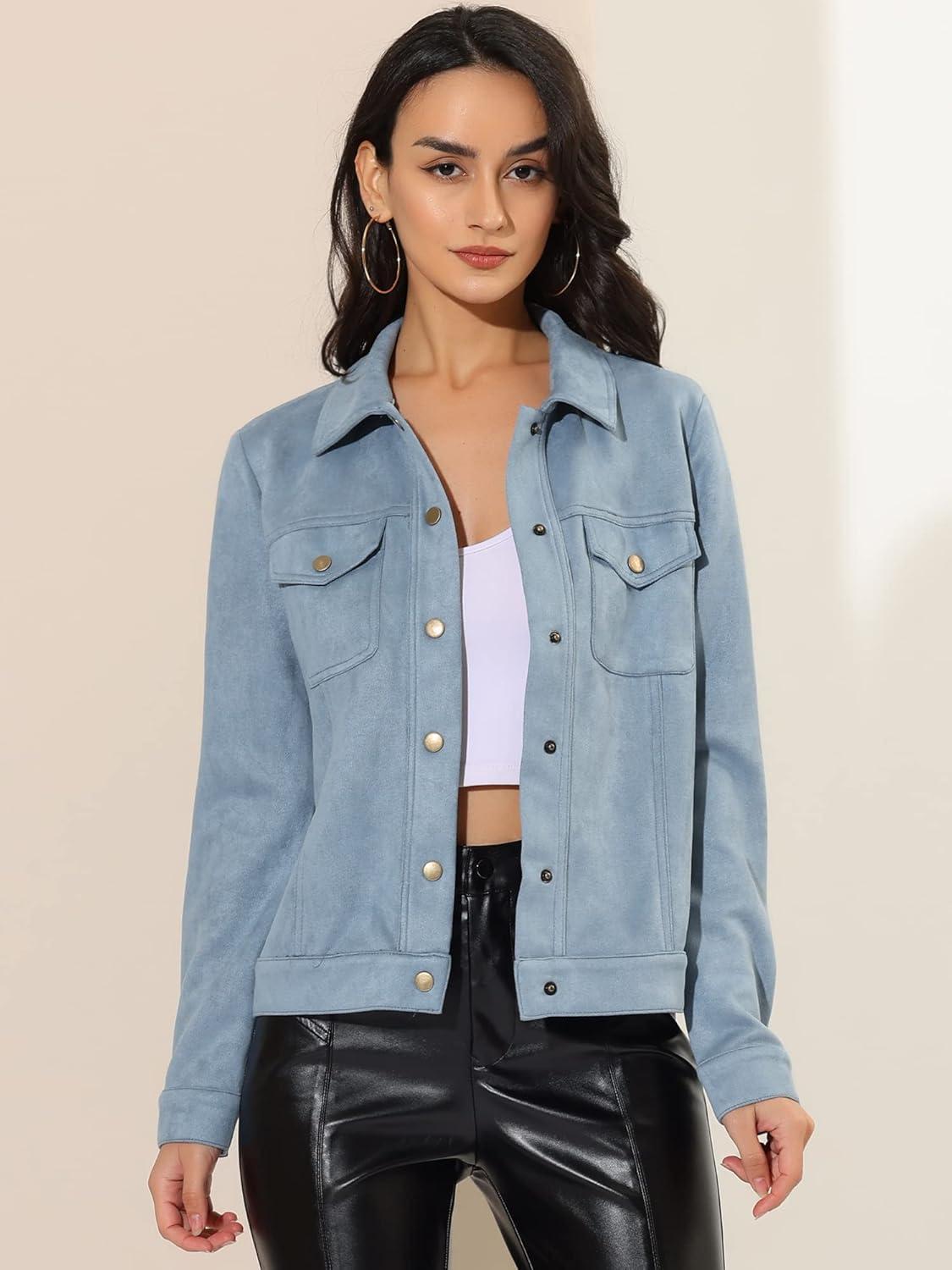 imageAllegra K Womens TurnDown Collar Flap Pockets Snap Button Faux Suede JacketLight Blue