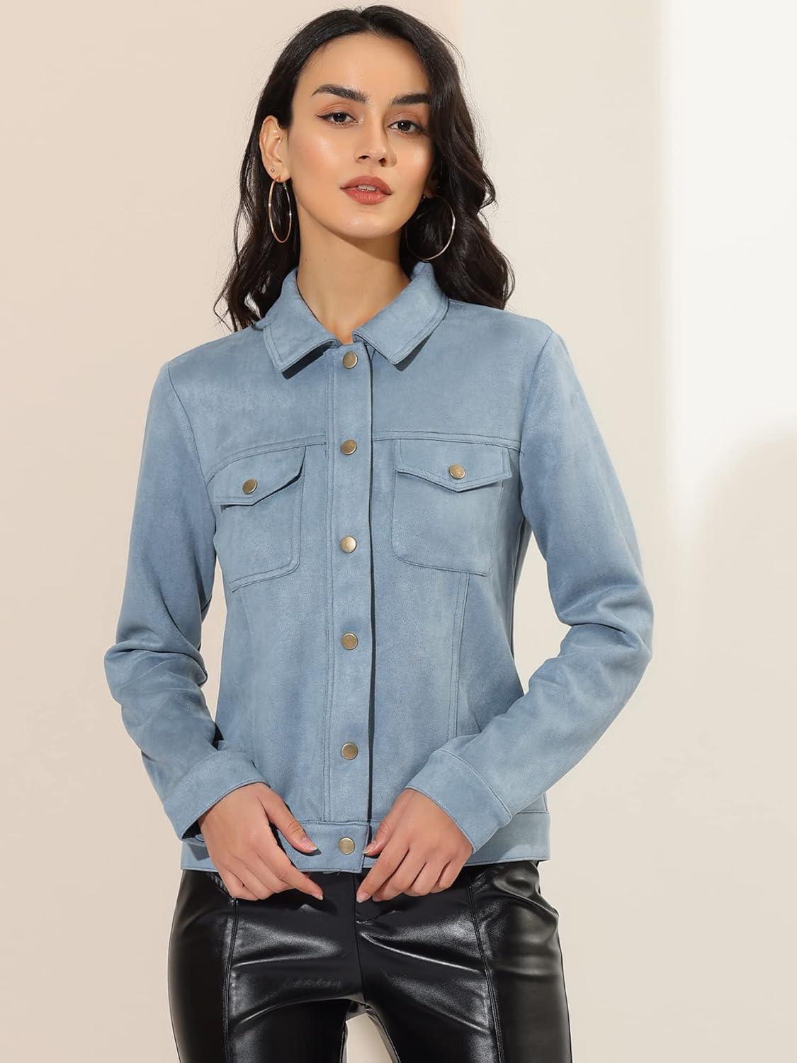 imageAllegra K Womens TurnDown Collar Flap Pockets Snap Button Faux Suede JacketLight Blue