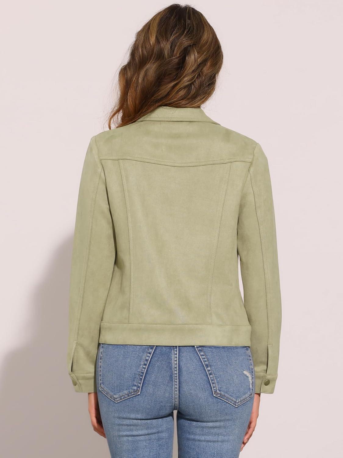 imageAllegra K Womens TurnDown Collar Flap Pockets Snap Button Faux Suede JacketLight Green