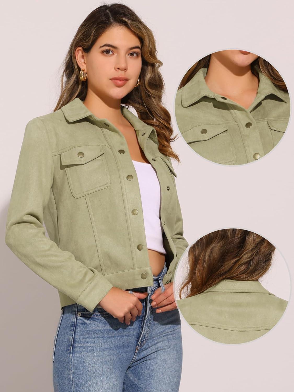 imageAllegra K Womens TurnDown Collar Flap Pockets Snap Button Faux Suede JacketLight Green