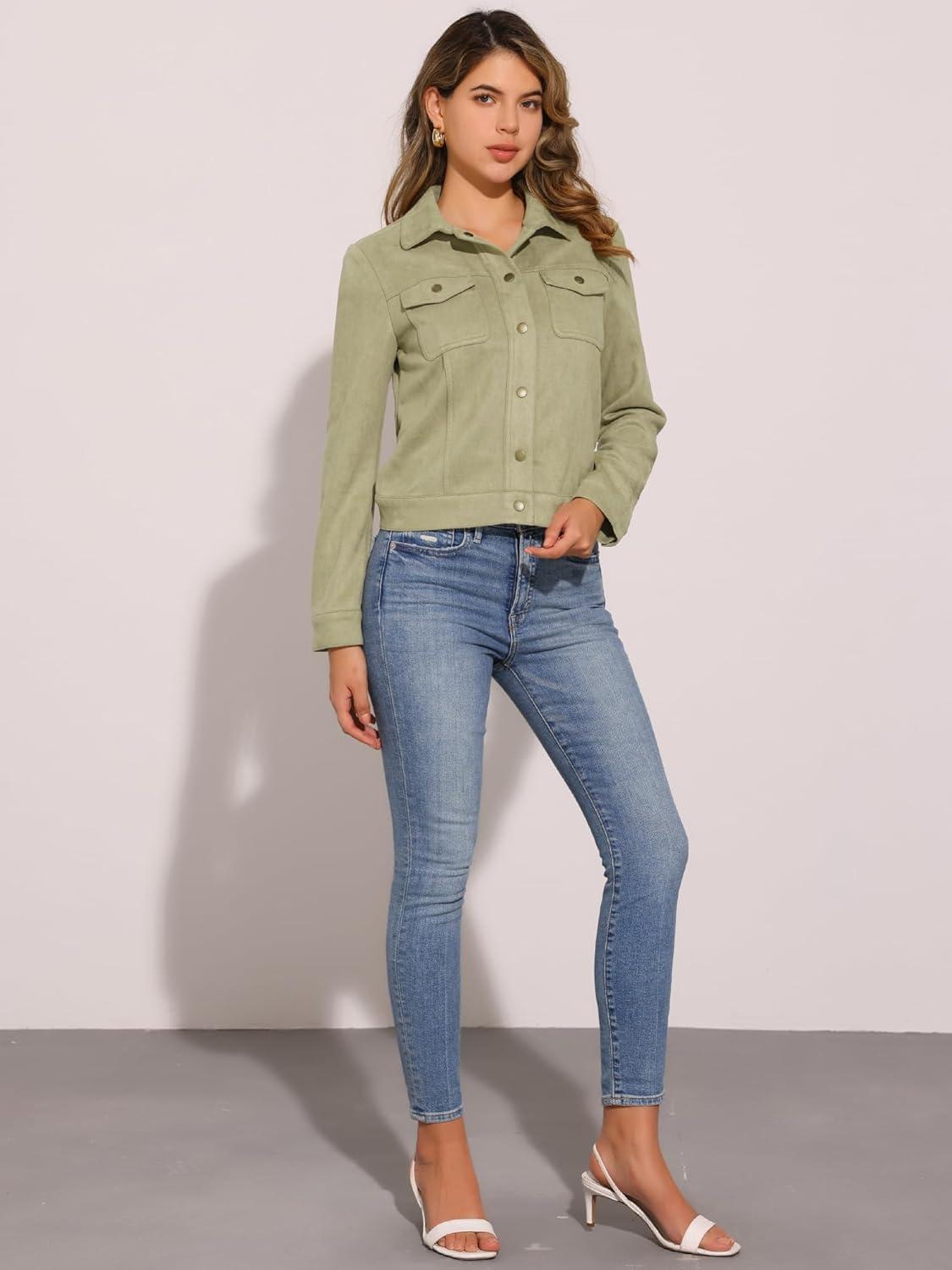 imageAllegra K Womens TurnDown Collar Flap Pockets Snap Button Faux Suede JacketLight Green