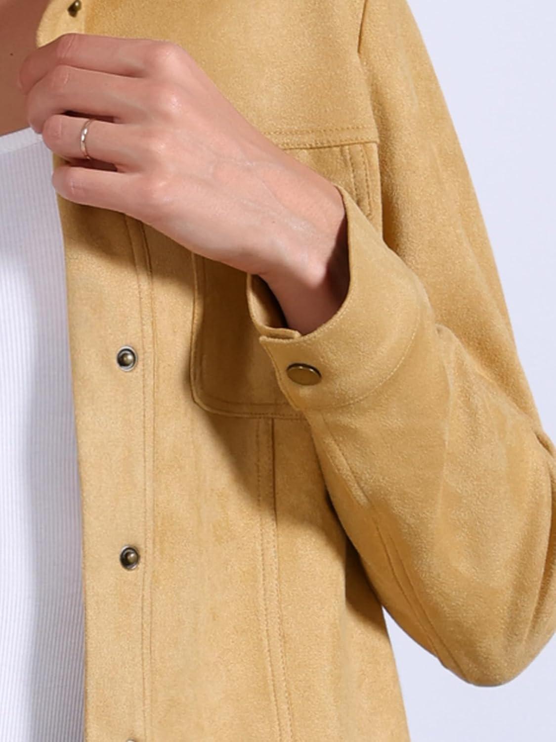 imageAllegra K Womens TurnDown Collar Flap Pockets Snap Button Faux Suede JacketLight Yellow