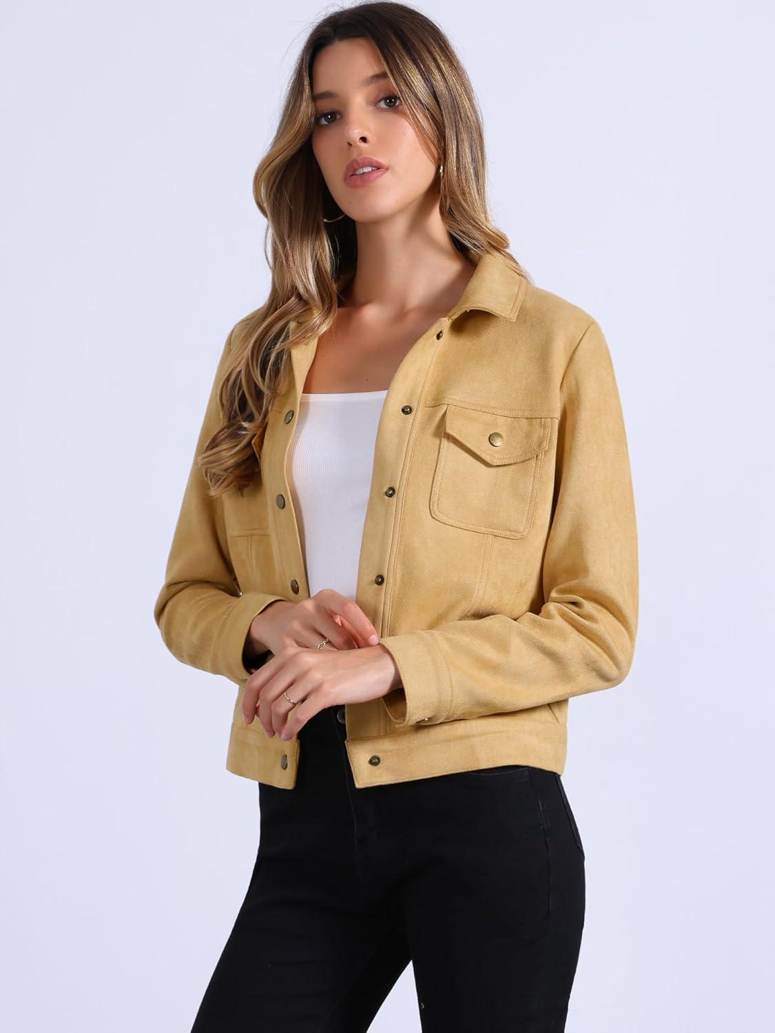 imageAllegra K Womens TurnDown Collar Flap Pockets Snap Button Faux Suede JacketLight Yellow