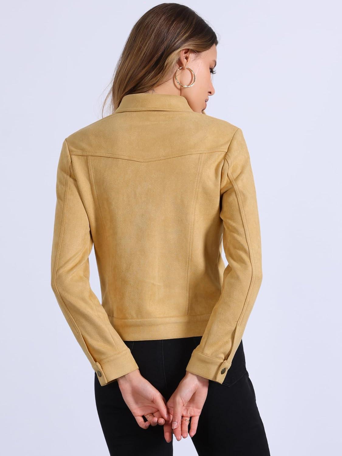 imageAllegra K Womens TurnDown Collar Flap Pockets Snap Button Faux Suede JacketLight Yellow