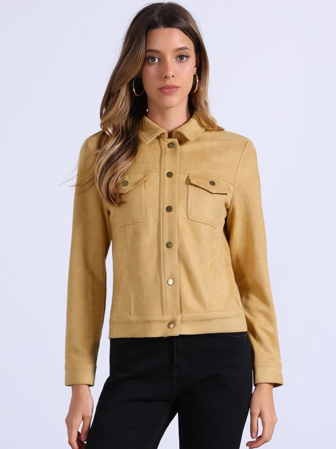 imageAllegra K Womens TurnDown Collar Flap Pockets Snap Button Faux Suede JacketLight Yellow