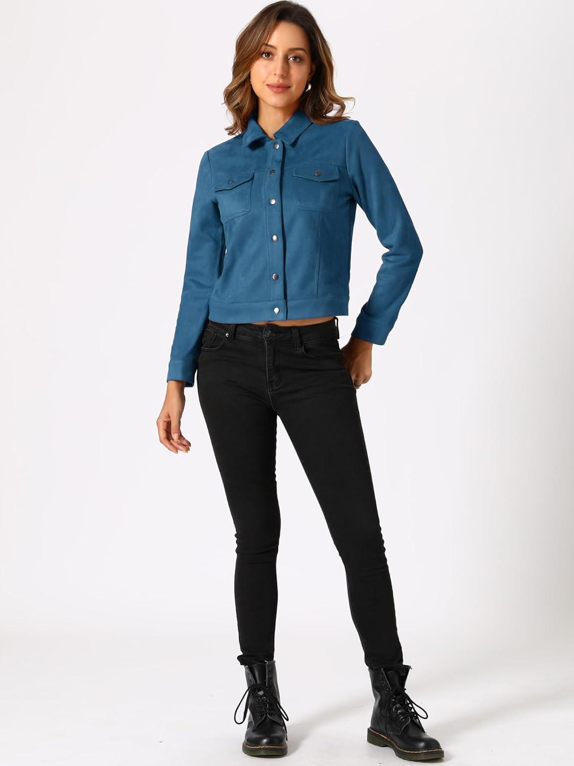 imageAllegra K Womens TurnDown Collar Flap Pockets Snap Button Faux Suede JacketPeacock Blue