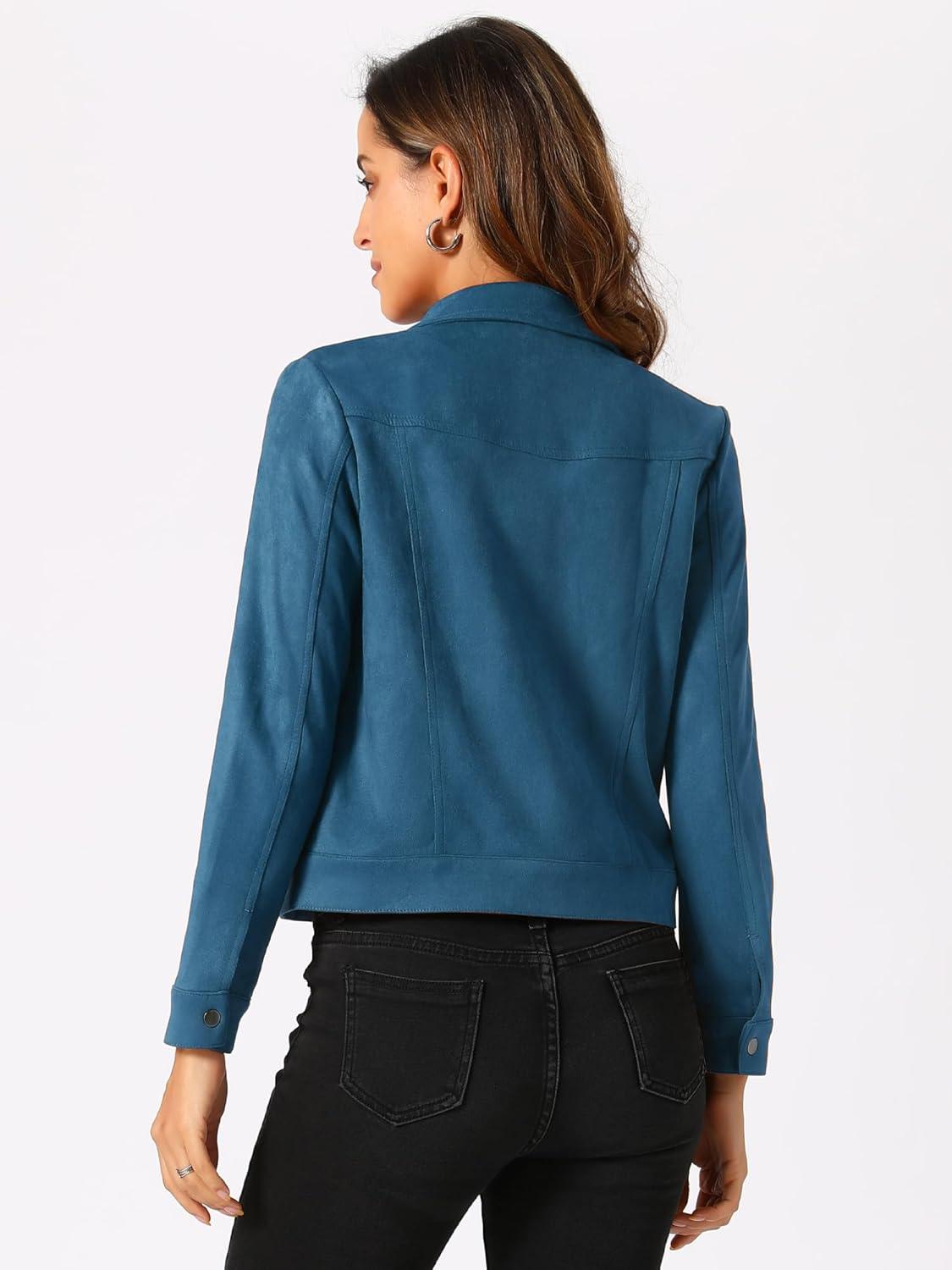 imageAllegra K Womens TurnDown Collar Flap Pockets Snap Button Faux Suede JacketPeacock Blue