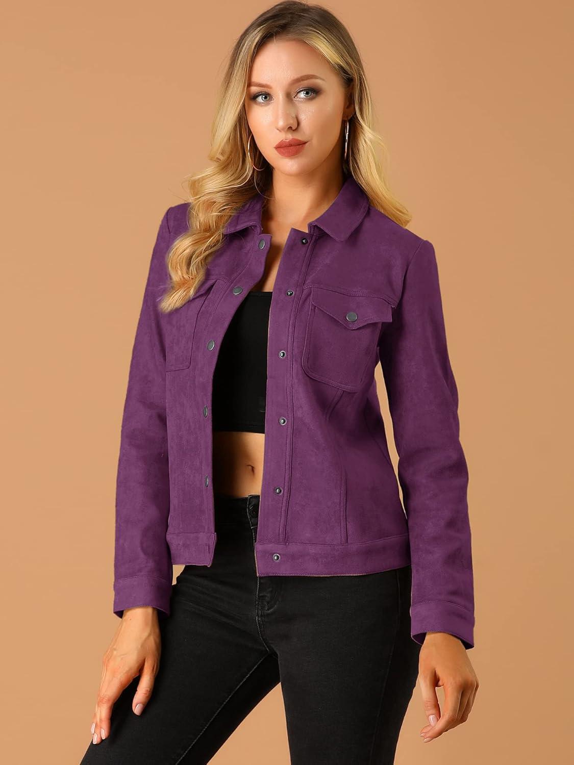 imageAllegra K Womens TurnDown Collar Flap Pockets Snap Button Faux Suede JacketPurple