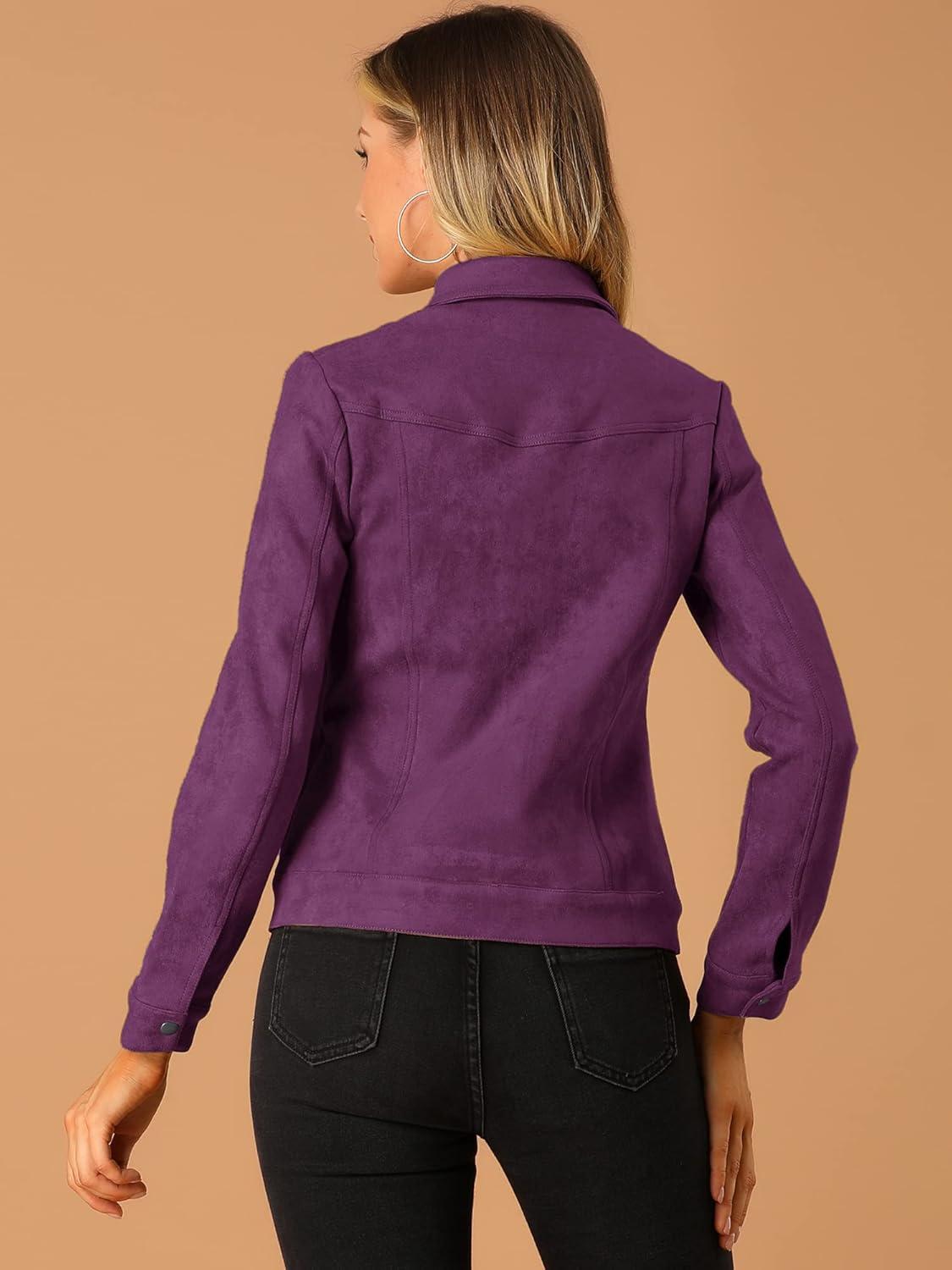 imageAllegra K Womens TurnDown Collar Flap Pockets Snap Button Faux Suede JacketPurple