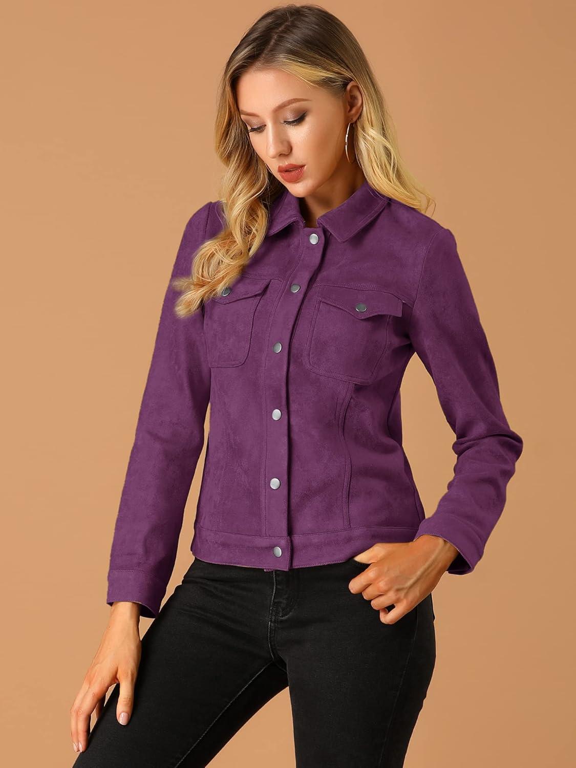 imageAllegra K Womens TurnDown Collar Flap Pockets Snap Button Faux Suede JacketPurple