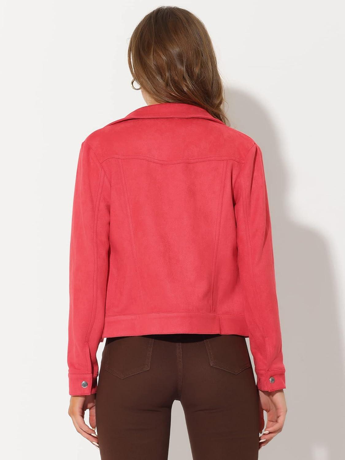 imageAllegra K Womens TurnDown Collar Flap Pockets Snap Button Faux Suede JacketRed
