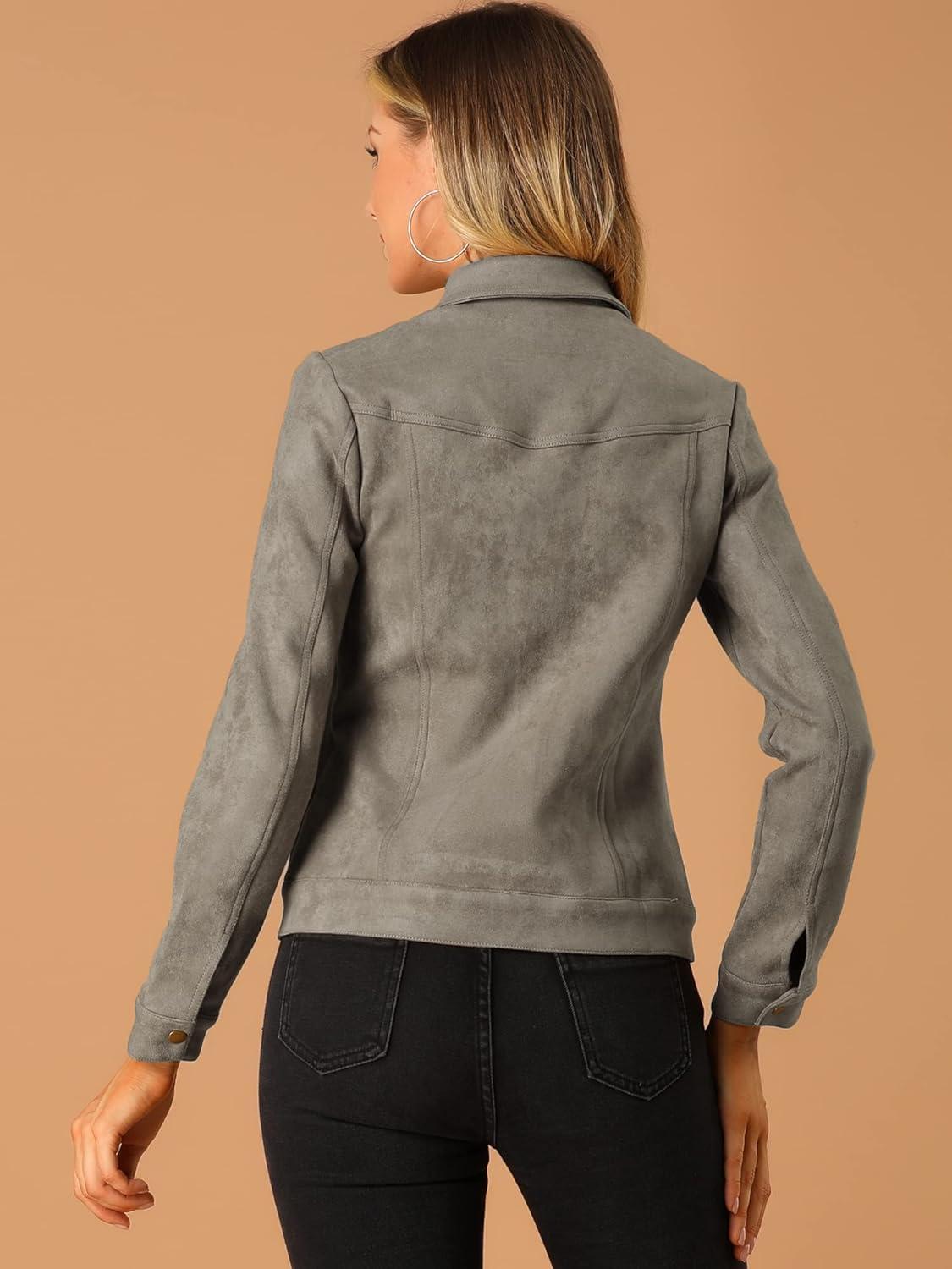 imageAllegra K Womens TurnDown Collar Flap Pockets Snap Button Faux Suede JacketTaupe