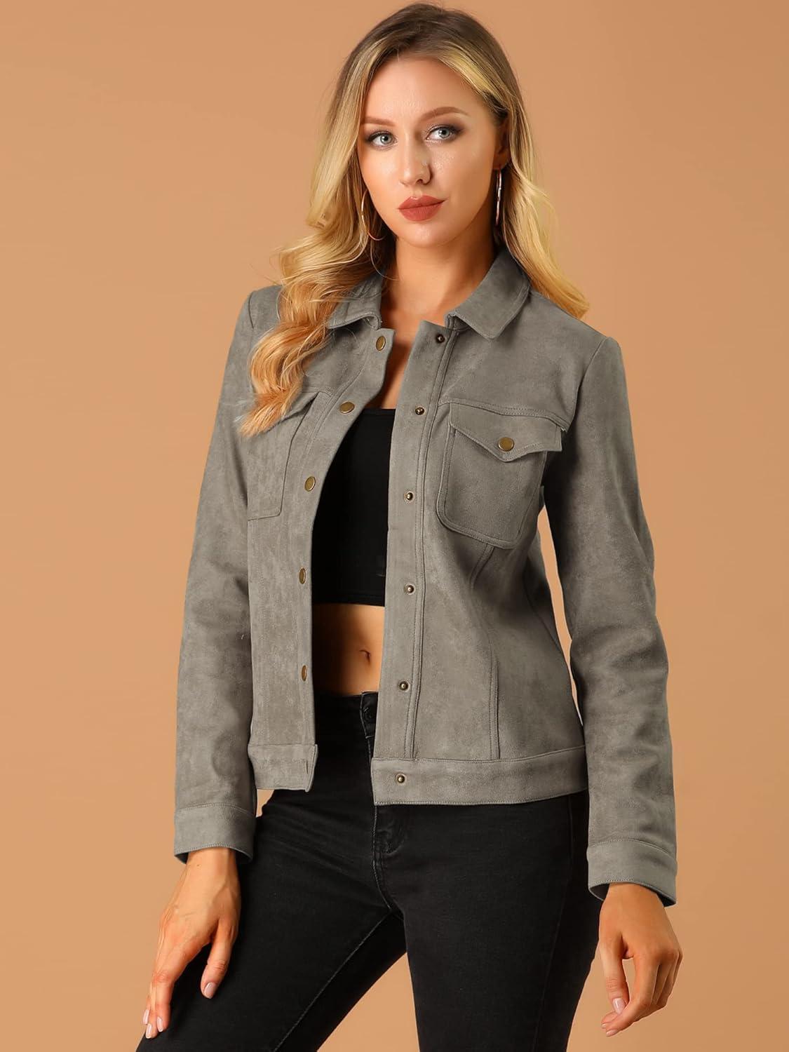 imageAllegra K Womens TurnDown Collar Flap Pockets Snap Button Faux Suede JacketTaupe