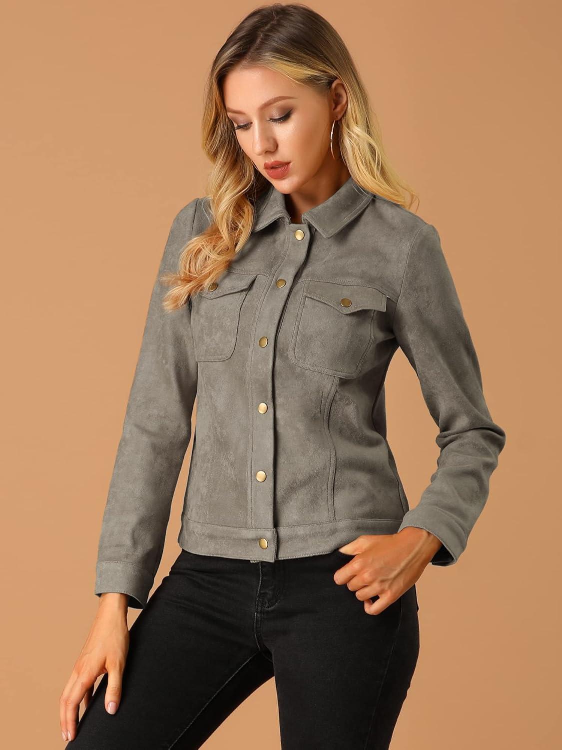 imageAllegra K Womens TurnDown Collar Flap Pockets Snap Button Faux Suede JacketTaupe
