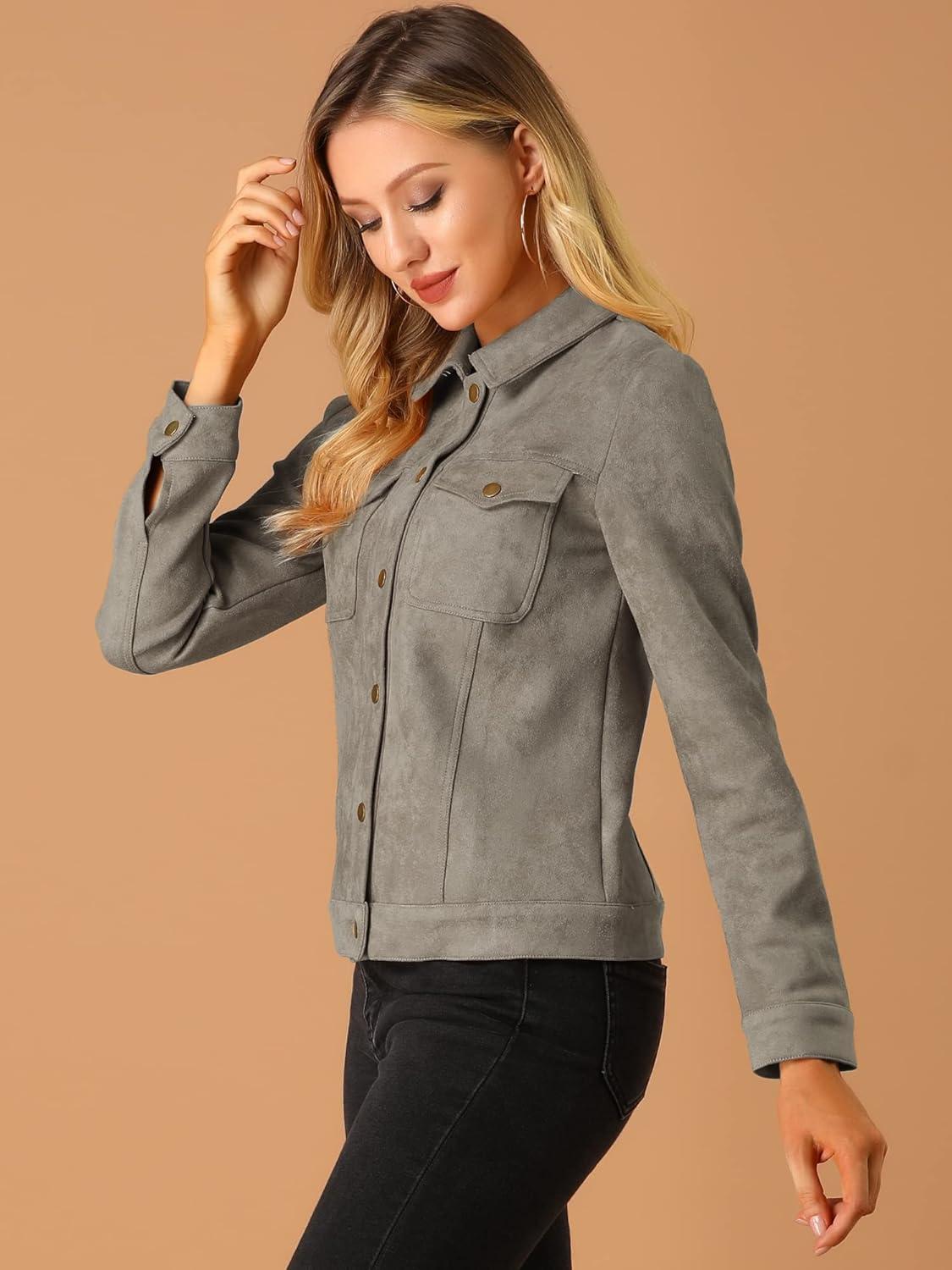 imageAllegra K Womens TurnDown Collar Flap Pockets Snap Button Faux Suede JacketTaupe