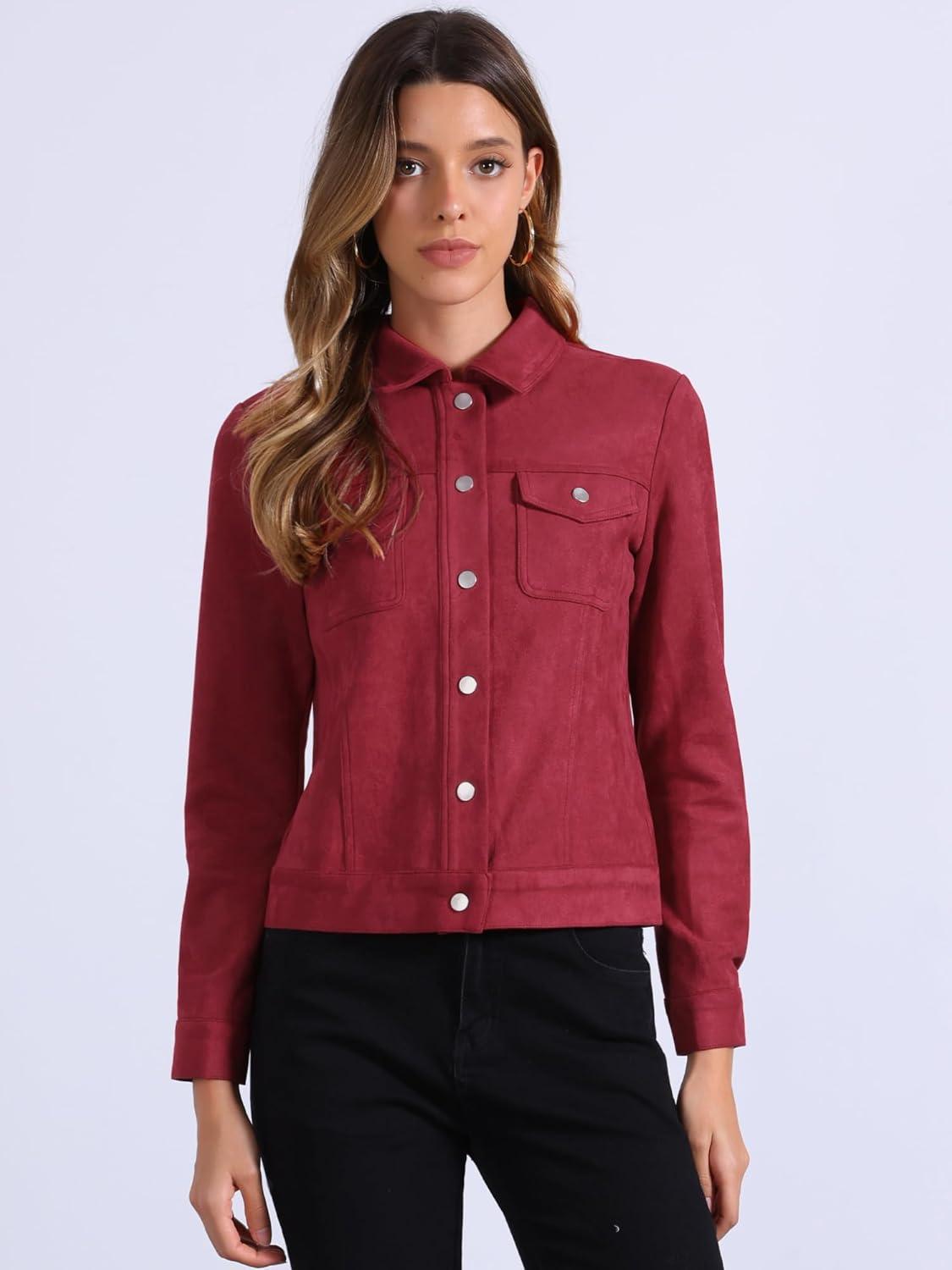 imageAllegra K Womens TurnDown Collar Flap Pockets Snap Button Faux Suede JacketWine Red