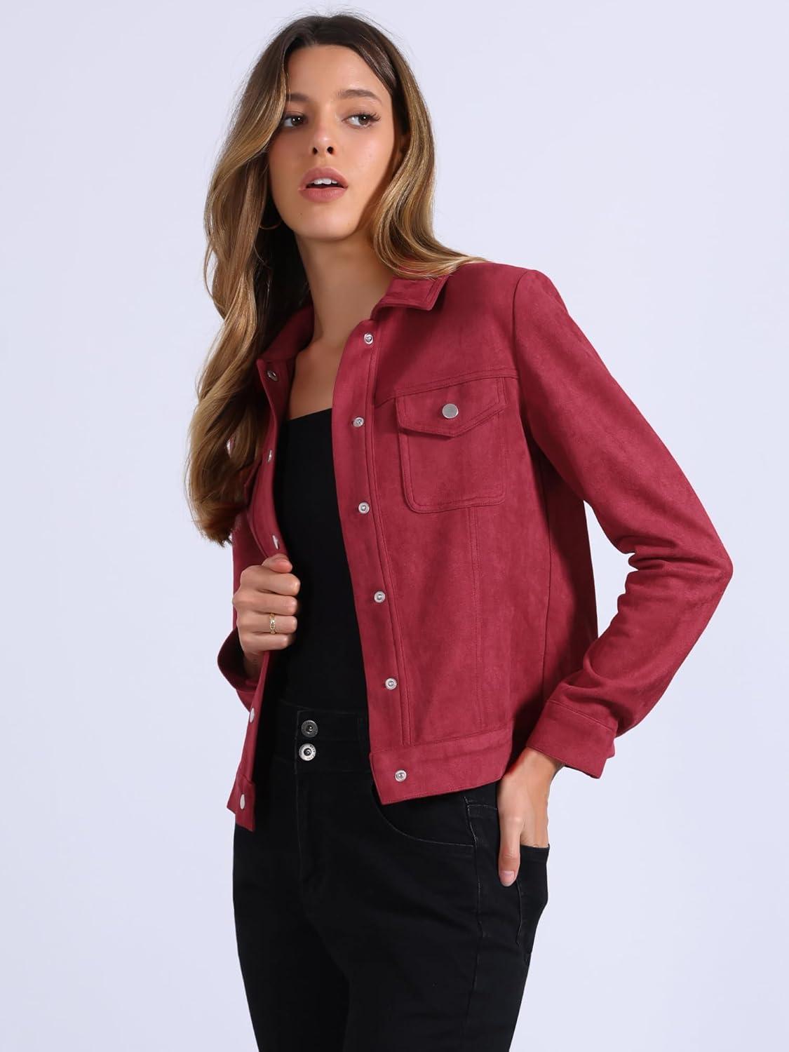 imageAllegra K Womens TurnDown Collar Flap Pockets Snap Button Faux Suede JacketWine Red