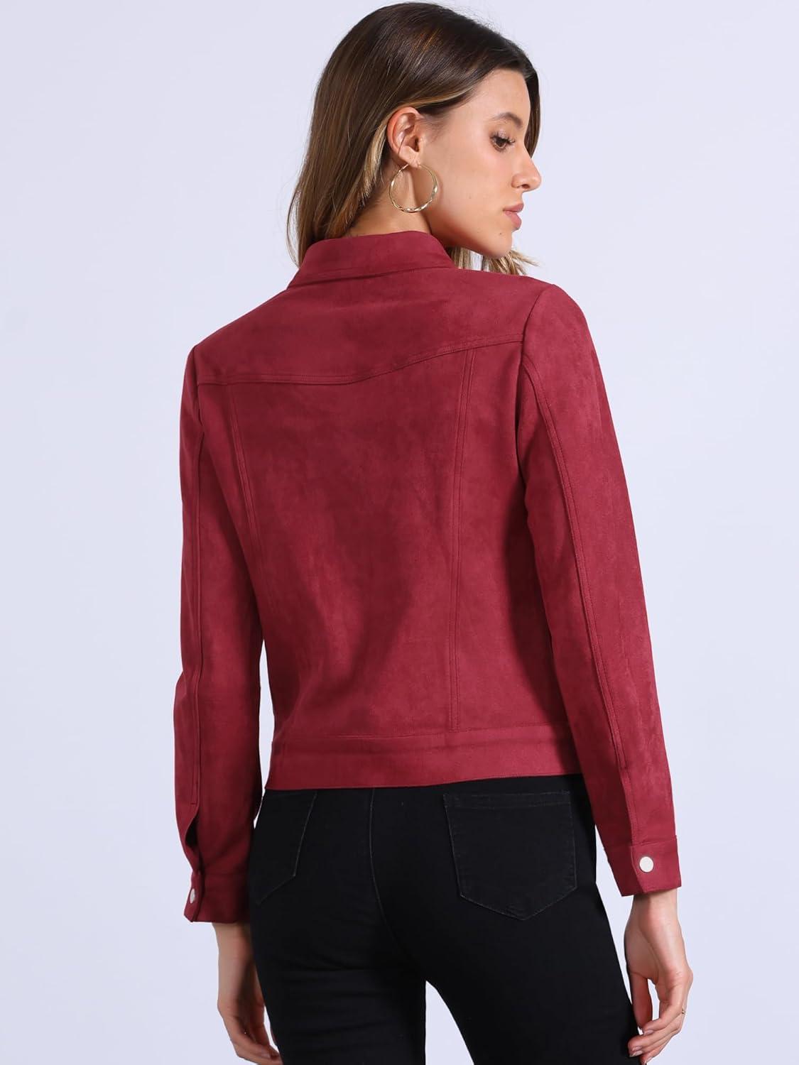 imageAllegra K Womens TurnDown Collar Flap Pockets Snap Button Faux Suede JacketWine Red