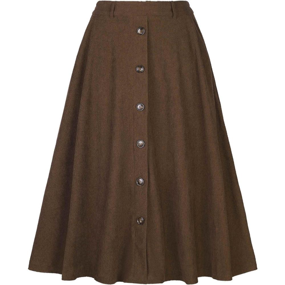imageAllegra K Corduroy Skirt for Women Button Front High Waist Vintage Stretch ALine Flared Casual Midi Skirts with PocketsBrown