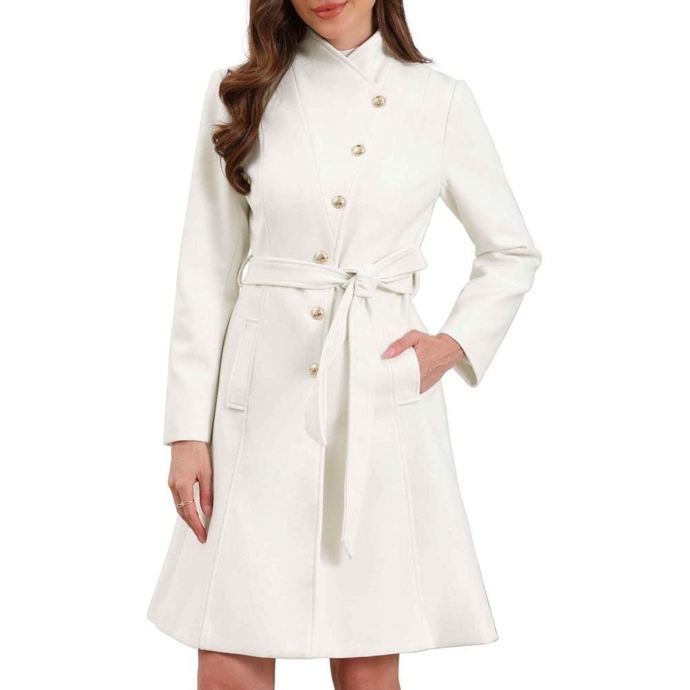 imageAllegra K Pea Coats for Women Fall Winter Stand Collar Single Breasted Long Trench Coat with Belt 2025White