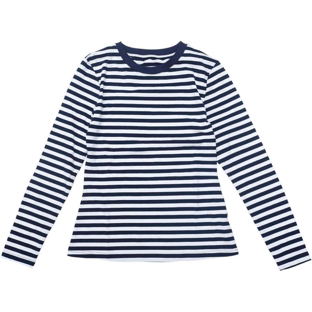 imageAllegra K Striped t Shirts for Women Long Sleeve Tops Crew Neck Fitted Tees Casual Trendy OutfitsNavy Blue Stripe