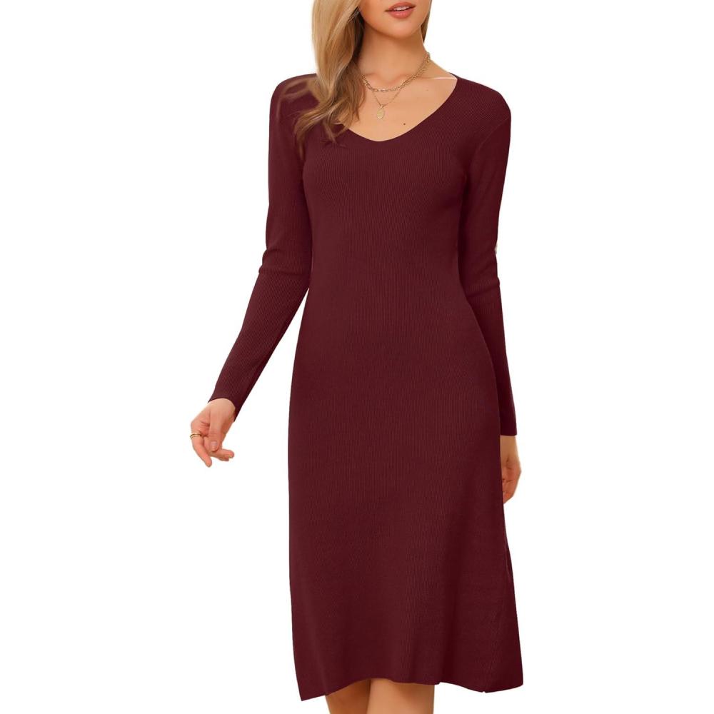 imageAllegra K Sweater Dress for Womens V Neck Long Sleeve Ribbed Knit Midi DressesBurgundy