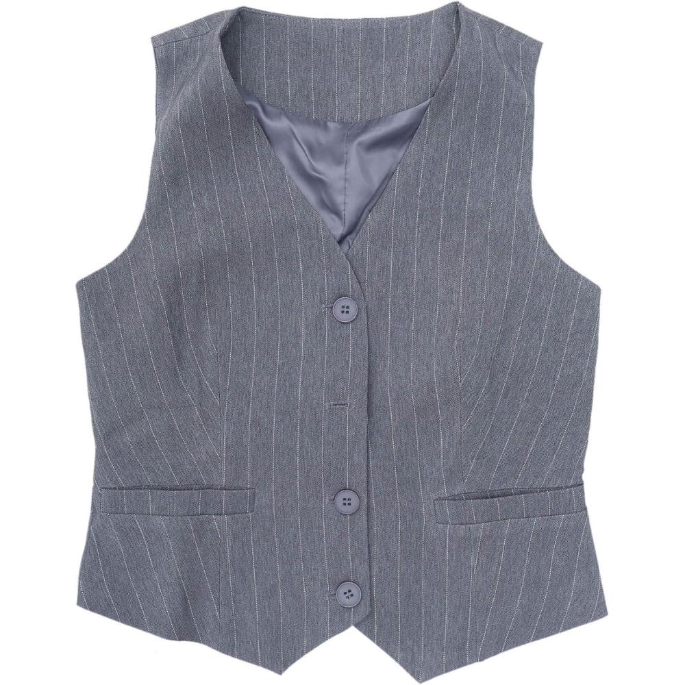 imageAllegra K Vest Tops for Women V Neck Sleeveless Button Down Striped Trendy Waistcoat Top Ladies Business Casual OutfitsGrey