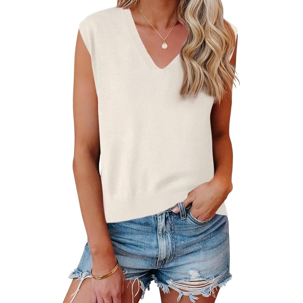 imageAllegra K Womens Sweater Vest V Neck Sleeveless Uniform Classic Knitted Pullover TopsBeige