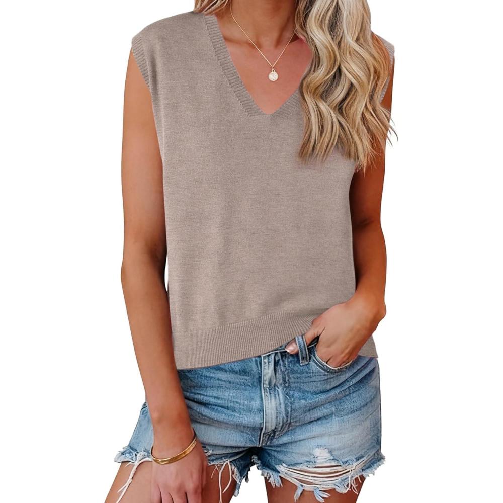 imageAllegra K Womens Sweater Vest V Neck Sleeveless Uniform Classic Knitted Pullover TopsKhaki