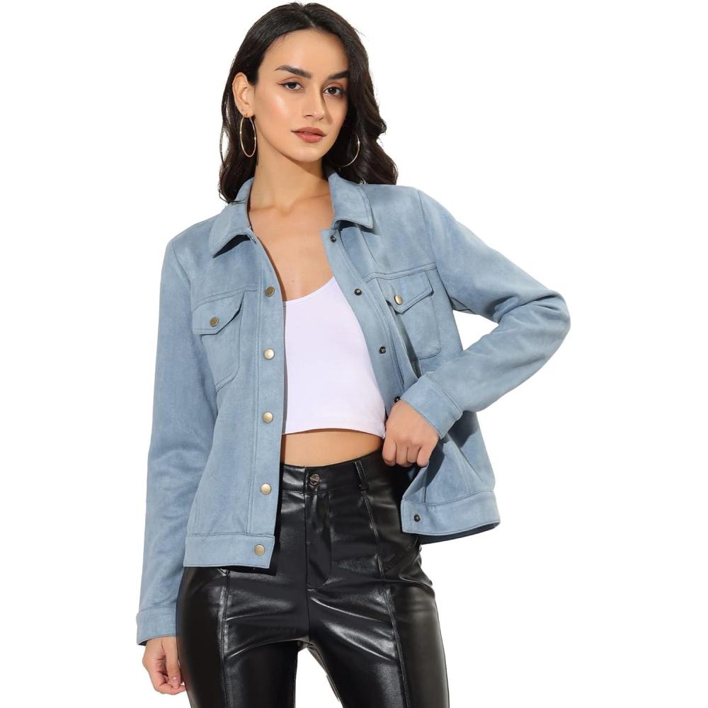 imageAllegra K Womens TurnDown Collar Flap Pockets Snap Button Faux Suede JacketLight Blue
