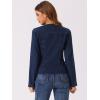imageAllegra K Women Cropped Jean Jacket Long Sleeve Collarless One Button Lightweight Stretchy Fitted Denim Shacket JacketsDeep Blue