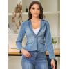 imageAllegra K Women Cropped Jean Jacket Long Sleeve Collarless One Button Lightweight Stretchy Fitted Denim Shacket JacketsLight Blue