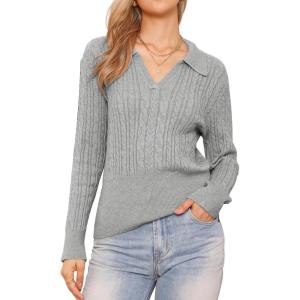 imageAllegra K Fall Sweaters for Womens 2025 Collared V Neck Cable Knit Pullover TopsGrey