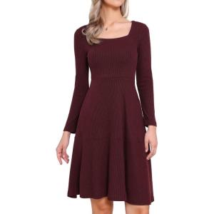 imageAllegra K Knit Sweater Dress for Women Fall Casual Square Neck Long Sleeve A Line Dresses with PocketsDeep Red