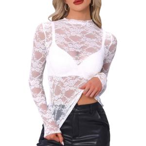 imageAllegra K Mesh Top for Womens Mock Neck Sexy Party Slim Fit Lace Sheer See Through TopsWhite