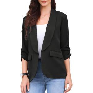 imageAllegra K Open Front Blazer for Womens Ruched 34 Sleeve Shawl Collar Office Dressy Suit JacketBlack